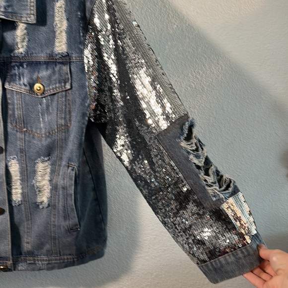 Macaron Distressed Denim Jacket With Sequin Sleeves (Size S) - Picture 7 of 12
